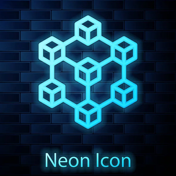 Leuchtende Neon-Blockchain-Technologie-Ikone isoliert auf Ziegelwand-Hintergrund. Kryptowährungsdaten. abstrakte geometrische Blockchain-Netzwerktechnologie. Vektorillustration — Stockvektor