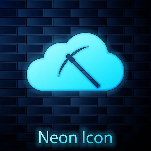 Icona luminosa al neon Cryptocurrency cloud mining isolato su sfondo muro di mattoni. Nuvola con piccone, bitcoin, altcoins, mercato monetario digitale, portafoglio cryptocoin. Illustrazione vettoriale — Vettoriale Stock