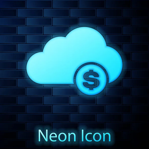 Lumineux néon Cryptocurrency nuage icône minière isolé sur fond de mur de briques. Technologie blockchain, Bitcoin, marché monétaire numérique, portefeuille cryptocoin. Illustration vectorielle — Image vectorielle