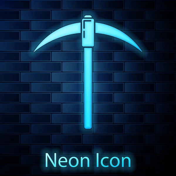 Zářící Neon Pickaxe, izolovaný na pozadí cihlové zdi. Technologie blokantního řetězu, kryptoměnová těžba, bitmince, digitální peněžní trh, kryptotrminová peněženka. Vektorová ilustrace — Stockový vektor