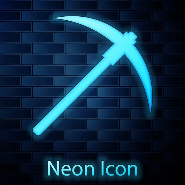 Zářící Neon Pickaxe, izolovaný na pozadí cihlové zdi. Technologie blokantního řetězu, kryptoměnová těžba, bitmince, digitální peněžní trh, kryptotrminová peněženka. Vektorová ilustrace — Stockový vektor
