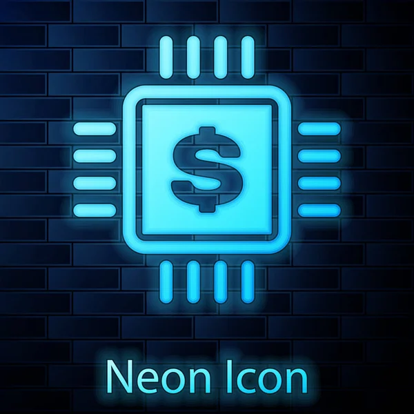 Leuchtender Neon-Prozessor-Chip mit Dollar-Symbol isoliert auf Ziegelwand-Hintergrund. cpu und ein Dollarzeichen. Vektorillustration — Stockvektor