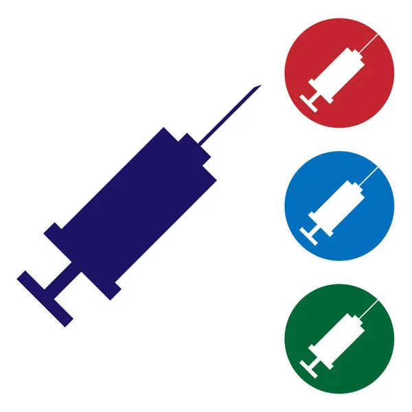 Blauwe spuit pictogram geïsoleerd op witte achtergrond. Spuit voor vaccin, vaccinatie, injectie, griep schot. Medische apparatuur. Stel het kleur pictogram in de cirkel knoppen in. Vector illustratie — Stockvector