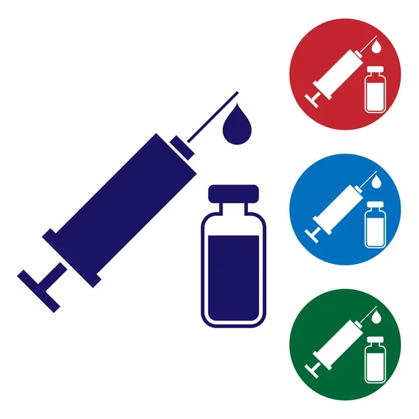 Kék orvosi fecskendőt tűvel és üveg vagy ampulla ikon izolált fehér háttér. Védőoltás, injekció, vakcina, inzulin koncepció. A színikon beállítása kör gombokon. Vektoros illusztráció — Stock Vector