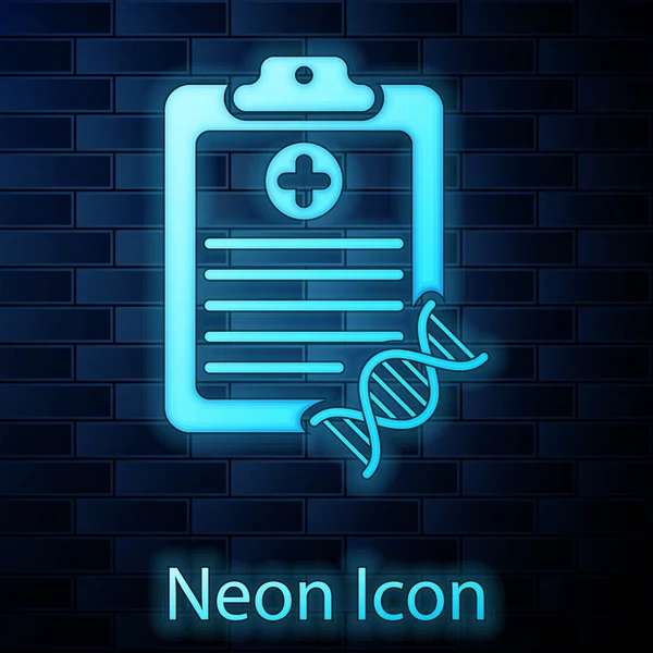 Izzó neon vágólap a DNS-elemzés ikont izolált téglafal háttérben. Géntechnológia, genetika, klónozás, apasági vizsgálat. Vektoros illusztráció — Stock Vector