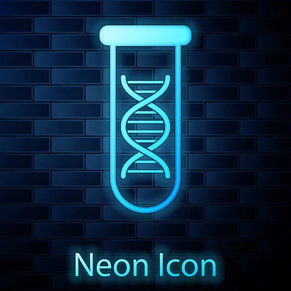 Ricerca sul DNA al neon incandescente, icona di ricerca isolata su fondo muro di mattoni. Ingegneria genetica, test genetici, clonazione, test di paternità. Illustrazione vettoriale — Vettoriale Stock