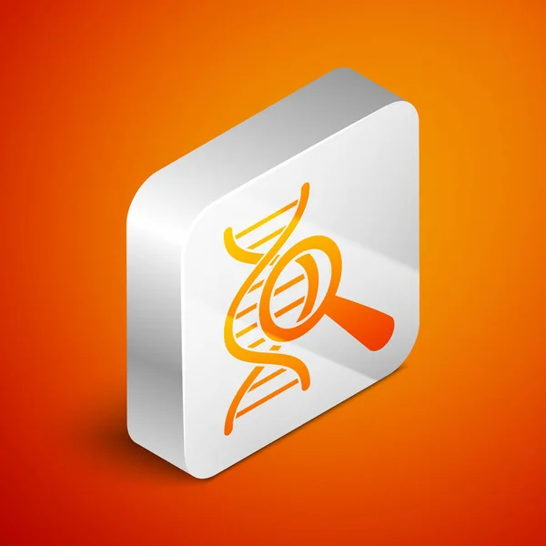 Isometric DNA research, search icon isolated on orange background. Magnifying glass and dna chain. Genetic engineering, cloning, paternity testing. Silver square button. Vector Illustration