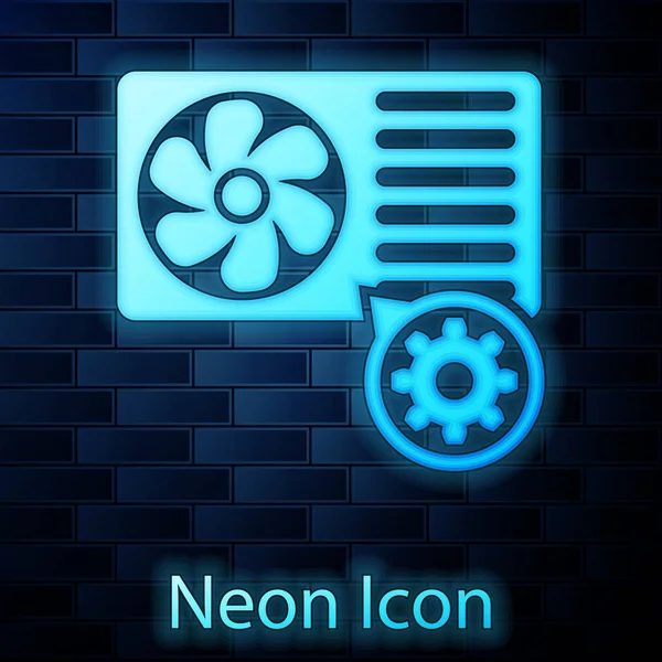 Glödande Neon luftkonditioneringen och redskap ikonen isolerad på tegelvägg bakgrunden. Justera app, servicekoncept, inställningsalternativ, underhåll, reparation, fixering. Vektor illustration — Stock vektor