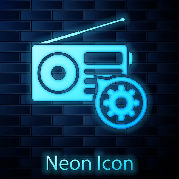 Radio al neon incandescente con antenna e icona ingranaggio isolato su sfondo muro di mattoni. Regolazione app, concetto di servizio, opzioni di impostazione, manutenzione, riparazione, fissaggio. Illustrazione vettoriale — Vettoriale Stock