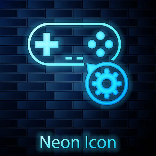 Gloeiende neon gamepad en tandwielpictogram geïsoleerd op bakstenen muur achtergrond. Aanpassen van de app, service concept, instelmogelijkheden, onderhoud, reparatie, vaststelling. Vector illustratie — Stockvector