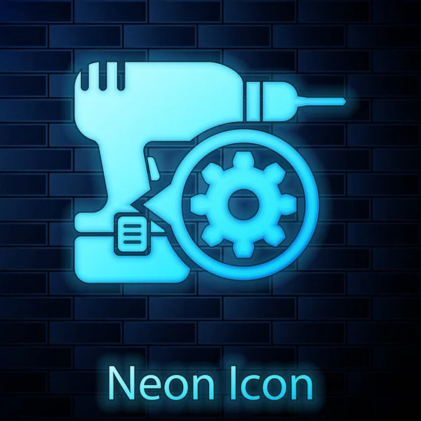 Izzó neon fúró gép és sebességváltó ikon izolált téglafal háttérben. Beállítása app, szolgáltatás koncepció, beállítási lehetőség, karbantartás, javítás, rögzítés. Vektoros illusztráció — Stock Vector
