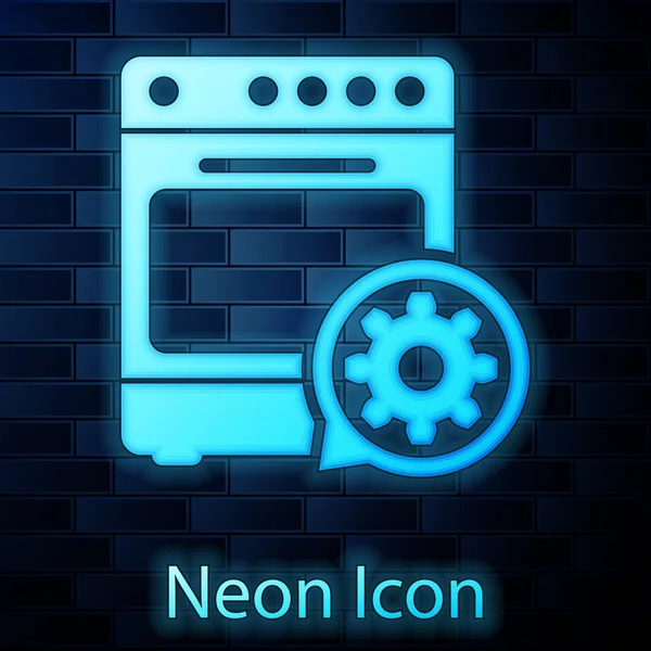 Glödande Neon ugn och redskap ikon isolerad på tegelvägg bakgrund. Justera app, servicekoncept, inställningsalternativ, underhåll, reparation, fixering. Vektor illustration — Stock vektor