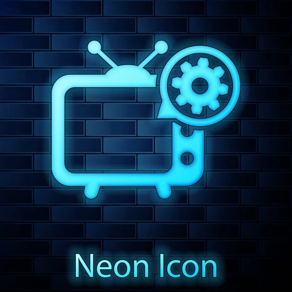 Glödande Neon TV och redskap ikonen isolerat på tegelvägg bakgrunden. TV-tjänstens koncept. Justera app, ställa in alternativ, underhåll, reparation, fixering. Vektor illustration — Stock vektor