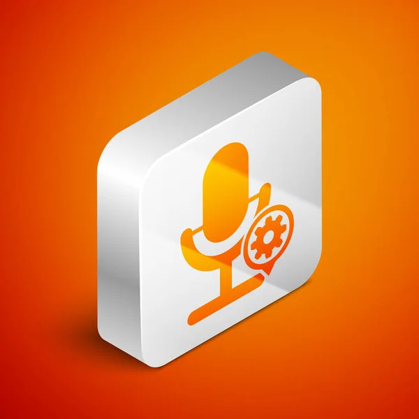 Isometric Microphone and gear icon isolated on orange background. Adjusting app, service concept, setting options, maintenance, repair, fixing. Silver square button. Vector Illustration