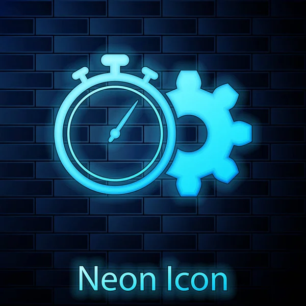 Zářící neon Time Management ikona izolované na pozadí cihlové zdi. Hodiny a výbava. Symbol produktivity. Vektorová ilustrace — Stockový vektor