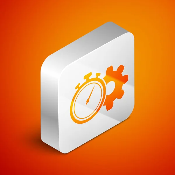 Icono de gestión del tiempo isométrico aislado sobre fondo naranja. Señal de reloj y engranaje. Símbolo de productividad. Botón cuadrado plateado. Ilustración vectorial — Vector de stock