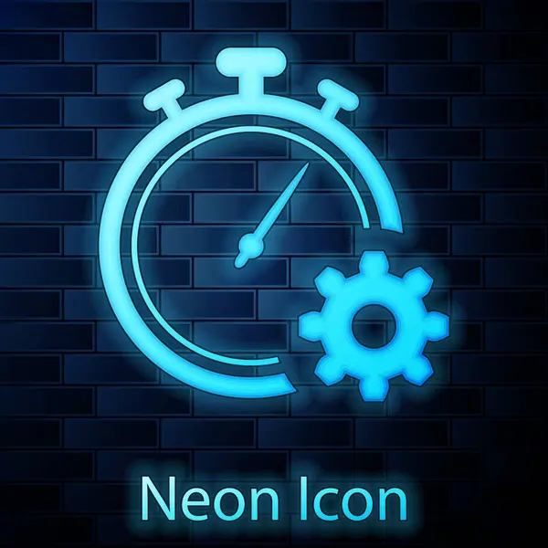 Zářící neon Time Management ikona izolované na pozadí cihlové zdi. Hodiny a výbava. Symbol produktivity. Vektorová ilustrace — Stockový vektor