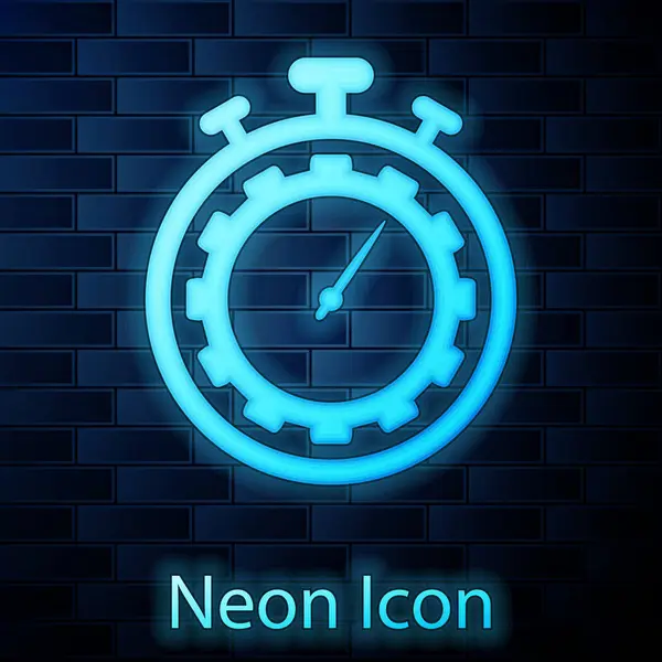 Glödande neon Time Management ikonen isolerad på tegel vägg bakgrund. Klocka och växel tecken. Produktivitetssymbol. Vektor Illustration — Stock vektor