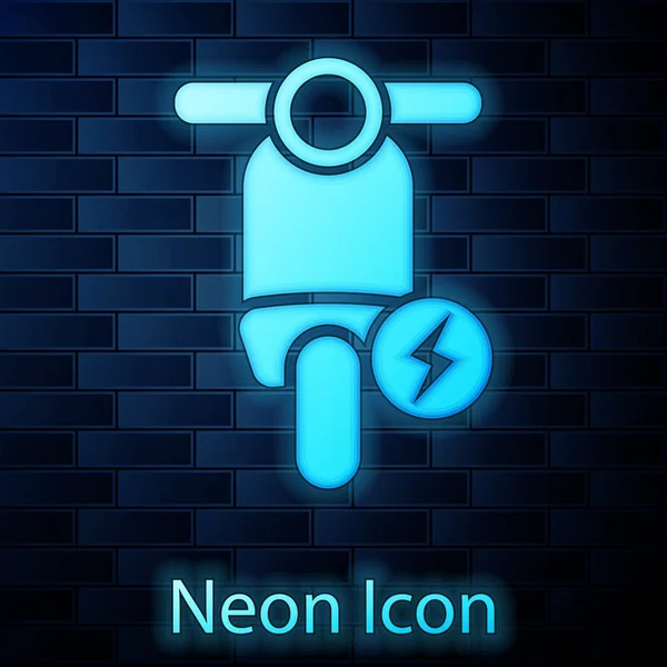 Gloeiende neon elektrische scooter pictogram geïsoleerd op bakstenen muur achtergrond. Vector illustratie — Stockvector
