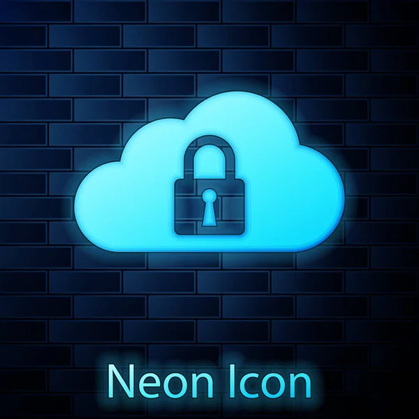 Lumineux néon Cloud icône de verrouillage informatique isolé sur fond de mur de briques. Sécurité, sûreté, concept de protection. Illustration vectorielle — Image vectorielle