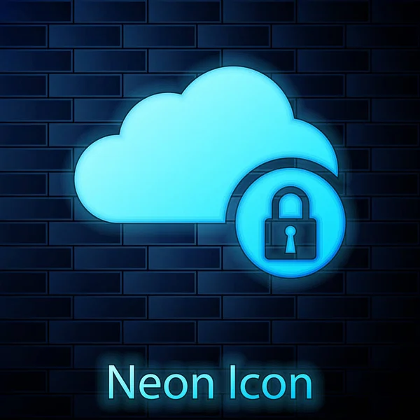 Glowing neon Cloud computing lock icon isolated on brick wall background. Security, safety, protection concept. Vector Illustration — Stock Vector