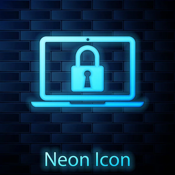 Glowing neon Laptop and lock icon isolated on brick wall background. Computer and padlock. Security, safety, protection concept. Safe internetwork. Vector Illustration — Stock Vector