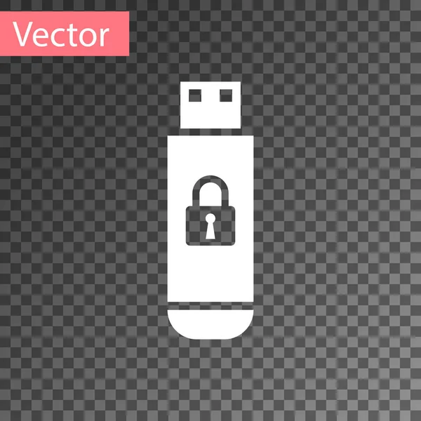 Clé USB blanche avec icône cadenas fermée isolée sur fond transparent. Sécurité, sûreté, concept de protection. Illustration vectorielle — Image vectorielle