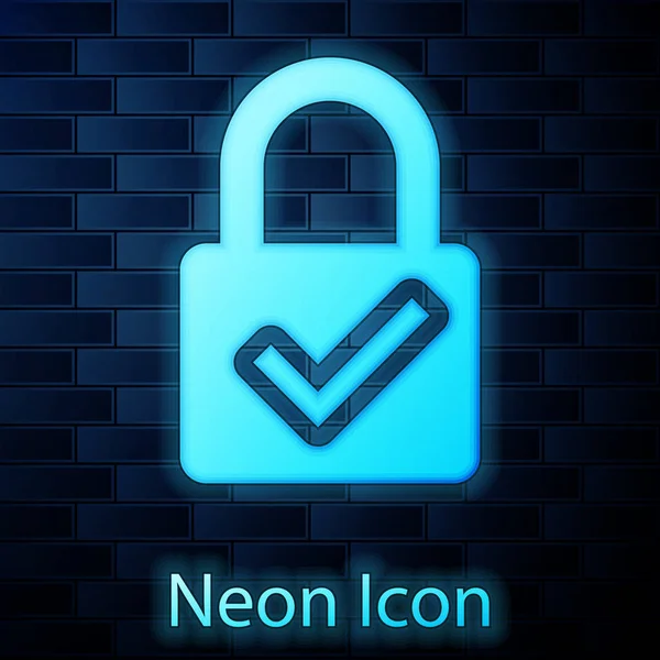 Izzó neon nyit lakat és ellenőriz megjelöl ikon elszigetelt-ra tégla fal háttér. Cyber-biztonsági koncepció. Digitális adatvédelem. Biztonság. Vektoros illusztráció — Stock Vector