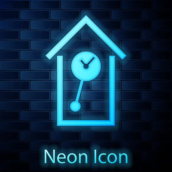 Glowing neon Retro wall watch icon isolated on brick wall background. Cuckoo clock sign. Antique pendulum clock. Vector Illustration — Stock Vector