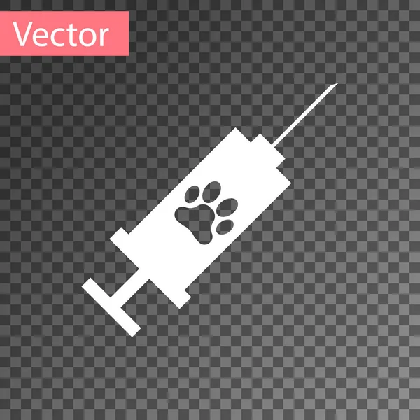 Seringue blanche avec icône du vaccin pour animaux de compagnie isolée sur fond transparent. Empreinte de patte de chien ou chat. Illustration vectorielle — Image vectorielle