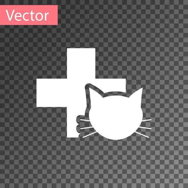 Icono símbolo de la clínica veterinaria blanca aislado sobre fondo transparente. Cruza con la atención veterinaria del gato. Signo de primeros auxilios. Ilustración vectorial — Vector de stock