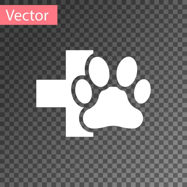 Icono símbolo de la clínica veterinaria blanca aislado sobre fondo transparente. Cruz de la señal del hospital. Un perro o gato estilizado con estampado de pata. Signo de primeros auxilios. Ilustración vectorial — Vector de stock