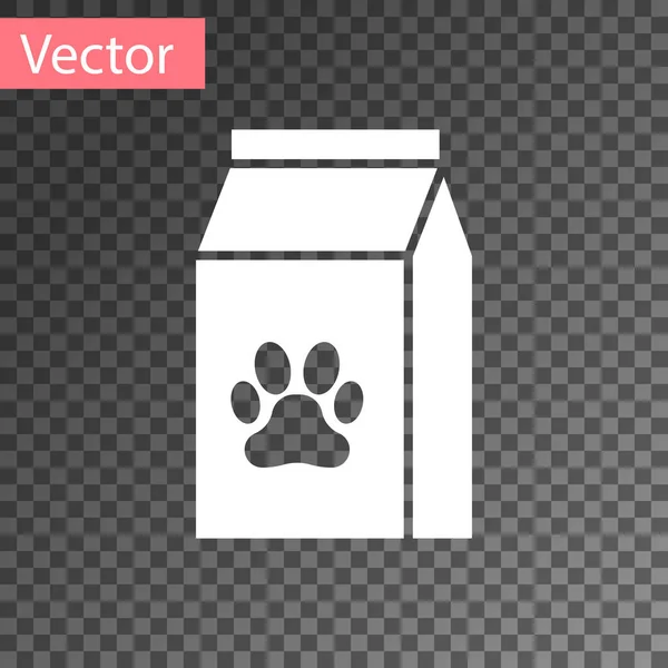White Bag of food for pet icon isolated on transparent background. Food for animals. Pet food package. Dog or cat paw print. Vector Illustration — Stock Vector
