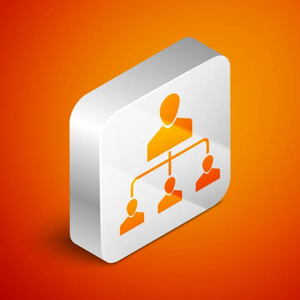 Isometric Referral marketing icon isolated on orange background. Network marketing, business partnership, referral program strategy. Silver square button. Vector Illustration