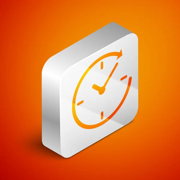 Reloj isométrico con icono de flecha aislado sobre fondo naranja. Símbolo de tiempo. Flecha del icono de rotación en sentido horario y tiempo. Botón cuadrado plateado. Ilustración vectorial — Vector de stock