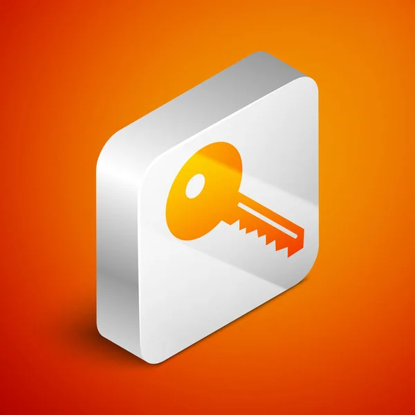 Isometrische sleutel pictogram geïsoleerd op oranje achtergrond. Zilveren vierkante knop. Vector illustratie — Stockvector