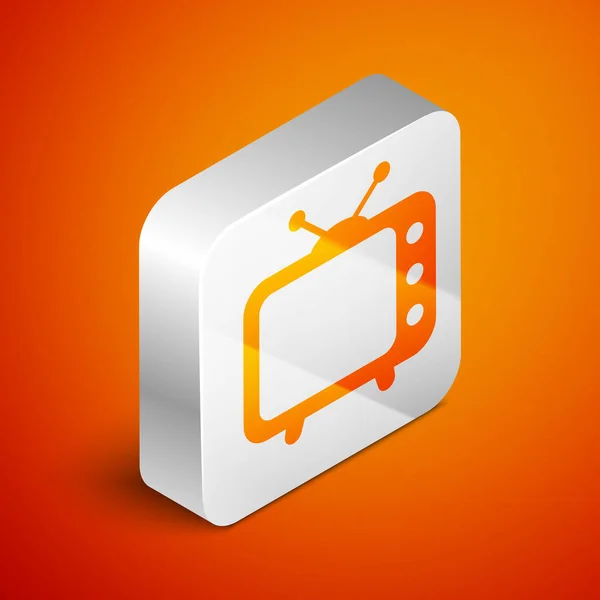 Isometric Tv icon isolated on orange background. Television sign. Silver square button. Vector Illustration — Stock Vector