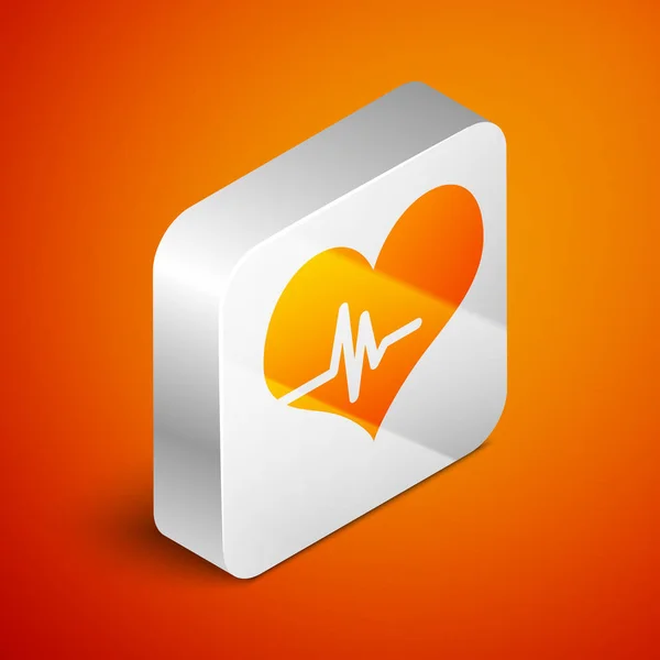 Isometrisches Herzfrequenzsymbol isoliert auf orangefarbenem Hintergrund. Herzschlagzeichen. Herzpuls-Symbol. Kardiogramm-Symbol. Silberner quadratischer Knopf. Vektorillustration — Stockvektor