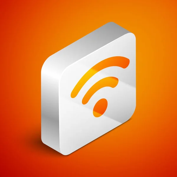 Icono de símbolo de red inalámbrica Wi-Fi isométrico aislado sobre fondo naranja. Botón cuadrado plateado. Ilustración vectorial — Archivo Imágenes Vectoriales