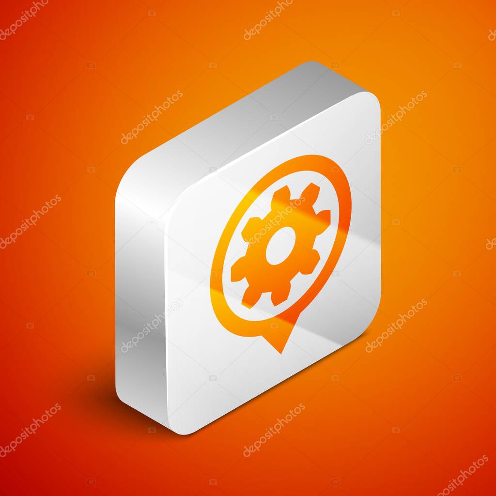 Isometric Setting icon isolated on orange background. Tools, service, cog, gear, cogwheel sign. Silver square button. Vector Illustration