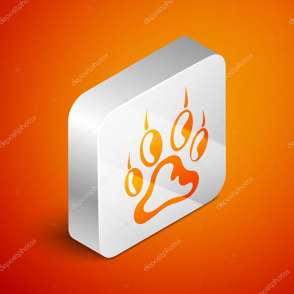 Isometric Paw print icon isolated on orange background. Dog or cat paw print. Animal track. Silver square button. Vector Illustration