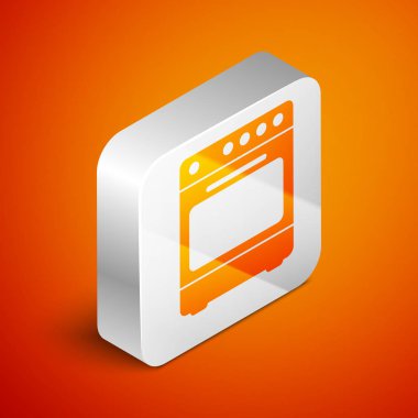 Turuncu arka planda izole edilmiş İzometrik Fırın simgesi. Soba gazlı fırın işareti. Gümüş kare düğme. Vektör İllüstrasyonu