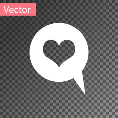 Beyaz Kalp konuşma baloncuğu simgesinde şeffaf arkaplanda izole edildi. Mesaj baloncuğunda kalp şekli. Aşk işareti. Sevgililer Günü sembolü. Vektör İllüstrasyonu