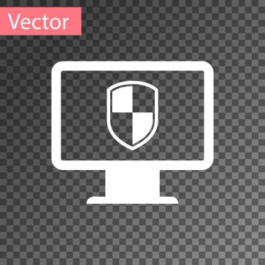 Beyaz Bilgisayar monitörü ve kalkan simgesi şeffaf arkaplanda izole edildi. Bilgisayar güvenliği, güvenlik duvarı teknolojisi, internet gizlilik güvenliği veya antivirüs. Vektör İllüstrasyonu