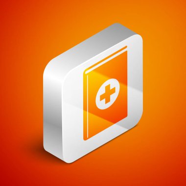 Turuncu arka planda izole edilmiş İzometrik Tıp kitap simgesi. Gümüş kare düğme. Vektör İllüstrasyonu