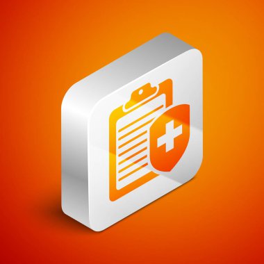 Turuncu arka planda izole sağlık sigortası simgesi ile İzometrik Pano. Hasta koruma. Pano ve kalkan bir sembol sigorta olarak bir haç ile. Gümüş kare düğme. Vektör İllüstrasyonu