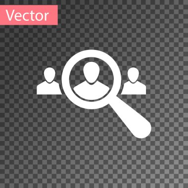 Şeffaf arka planda bir insan simgesini aramak için beyaz büyüteç. İşe alım ya da seçim konsepti. Çalışanları, işi, insan kaynaklarını arayın. Vektör İllüstrasyonu