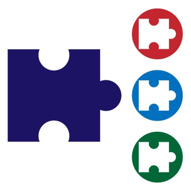 Beyaz arka planda yalıtılmış mavi bulmaca simgesi. Modern düz, iş, pazarlama, finans, internet kavramı. Renk simgesini daire düğmelerinde ayarlayın. Vektör İllüstrasyonu