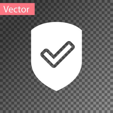 Şeffaf arkaplanda işaretleme simgesine sahip Beyaz Kalkan. Koruma sembolü. Güvenlik kontrolü Simge. Kene izi onaylı simge. Vektör İllüstrasyonu