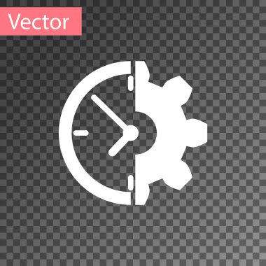 Beyaz saat ve dişli simgesi şeffaf arkaplanda izole edildi. Zaman Yönetimi sembolü. İş konsepti. Vektör İllüstrasyonu